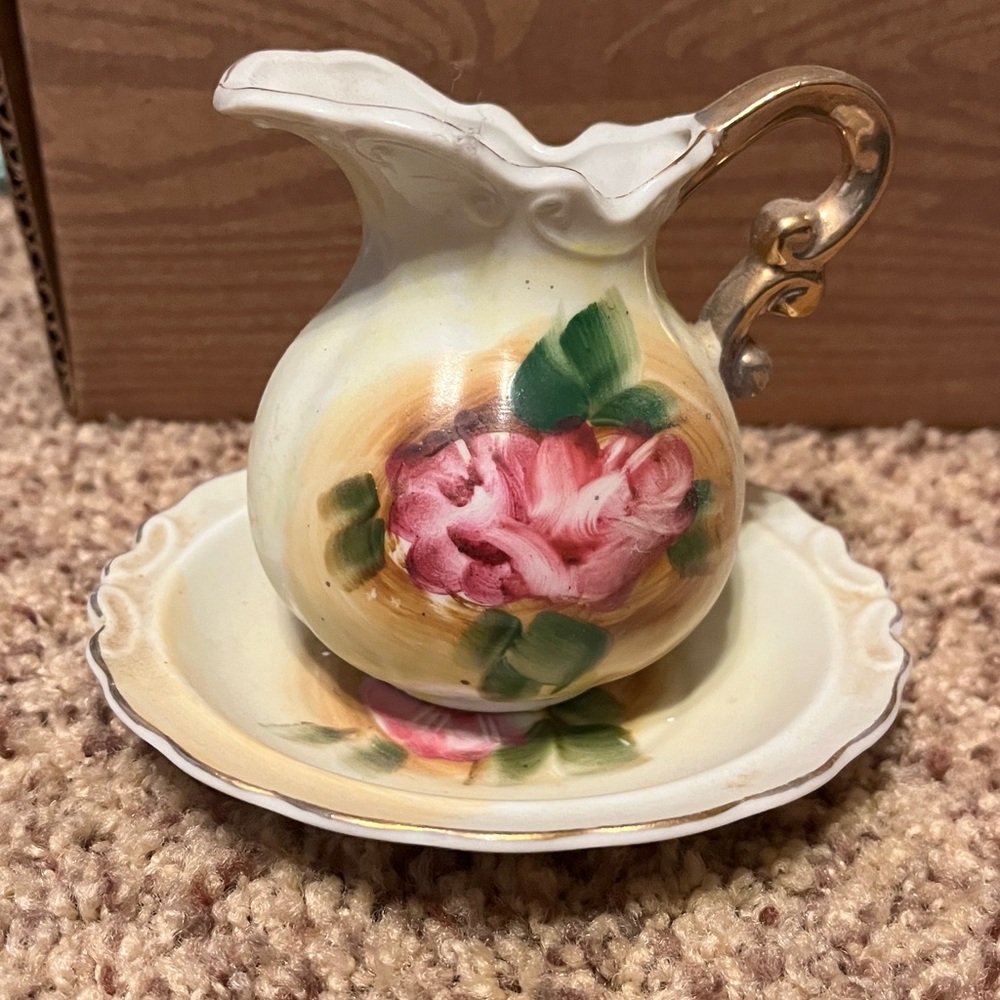 Floral Pitcher and Saucer Set with Gold Handle